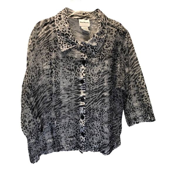 Bon Worth, Black White, Animal Print, Button Up Sheer Top pM - Picture 1 of 5